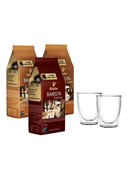 Kawa ziarnista TCHIBO Barista Caffe Crema, 2 kg + Barista Espresso, 1 kg + szklanki termiczne Tchibo