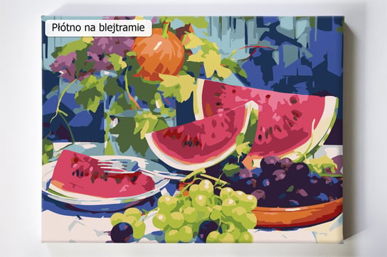 Kęs arbuza, arbuz, winogrono, dynia, owoce, martwa natura, malowanie po numerach, blejtram Akrylowo