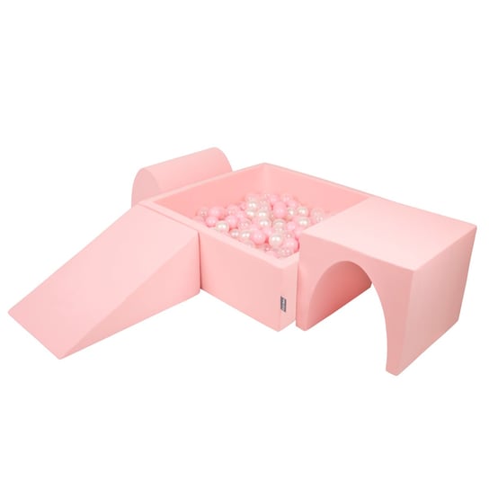 KiddyMoon Piankowy plac zabaw PPZP-KW30D-124 z piłeczkami różowy: pudrowy róż-perła-transparent basen 200/klin L/górka/tunel KiddyMoon