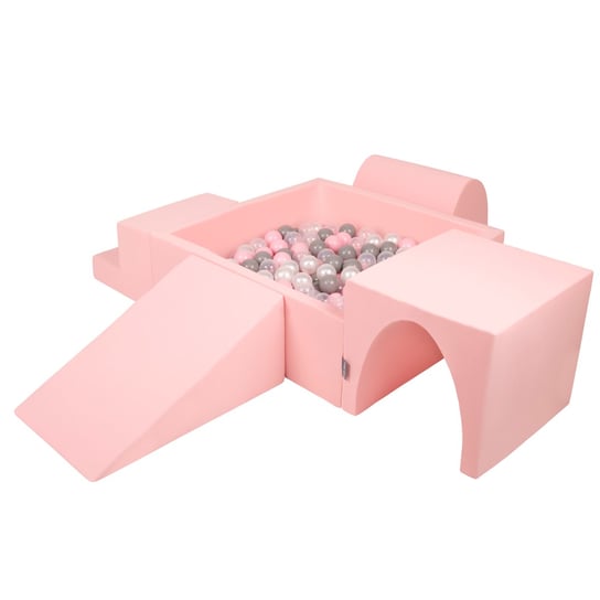 KiddyMoon Piankowy plac zabaw PPZP-KW30D-125 z piłeczkami różowy: perła-szary-transparent-pudrowy róż basen 200/klin L/górka/tunel/schodek KiddyMoon