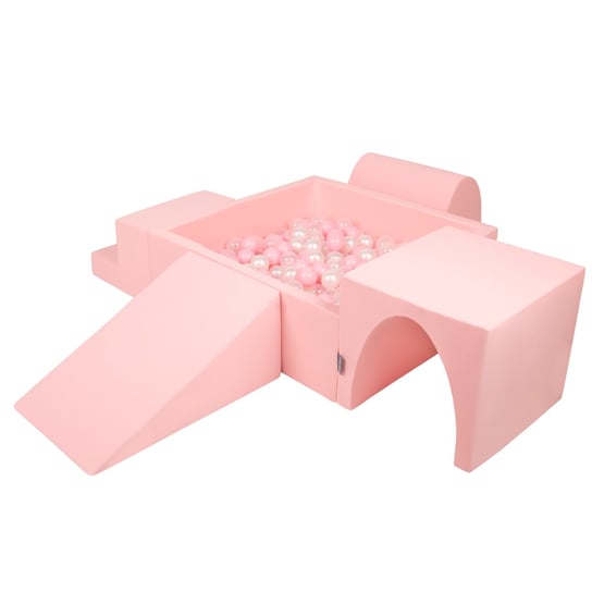 KiddyMoon Piankowy plac zabaw PPZP-KW30D-125 z piłeczkami różowy: pudrowy róż-perła-transparent basen 200/klin L/górka/tunel/schodek KiddyMoon