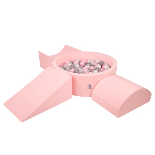 KiddyMoon Piankowy plac zabaw PPZP-OK30D-114 z piłeczkami różowy: perła-szary-transparent-pudrowy róż basen 200/klin L/rampa L/półwałek L KiddyMoon
