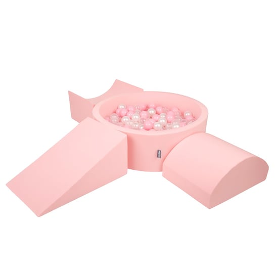 KiddyMoon Piankowy plac zabaw PPZP-OK30D-114 z piłeczkami różowy: pudrowy róż-perła-transparent basen 200/klin L/rampa L/półwałek L KiddyMoon