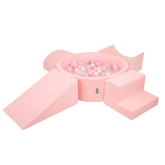 KiddyMoon Piankowy plac zabaw PPZP-OK30D-115 z piłeczkami różowy: pudrowy róż-perła-transparent basen 200/klin L/rampa L/półwałek L/schodek KiddyMoon