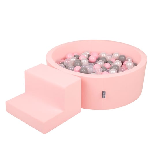 KiddyMoon Piankowy plac zabaw PPZP-OK30D-122 z piłeczkami różowy: perła-szary-transparent-pudrowy róż basen 100/schodek KiddyMoon