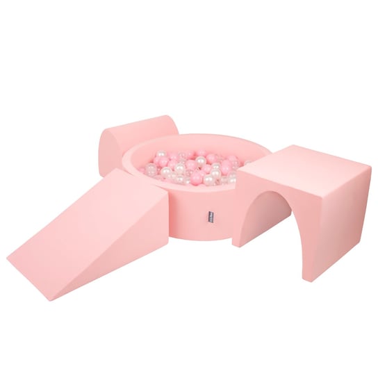 KiddyMoon Piankowy plac zabaw PPZP-OK30D-124 z piłeczkami różowy: pudrowy róż-perła-transparent basen 200/klin L/górka/tunel KiddyMoon