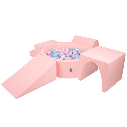 KiddyMoon Piankowy plac zabaw PPZP-OK30D-125 z piłeczkami różowy: babyblue-pudrowy róż-perła basen 300/klin L/górka/tunel/schodek KiddyMoon