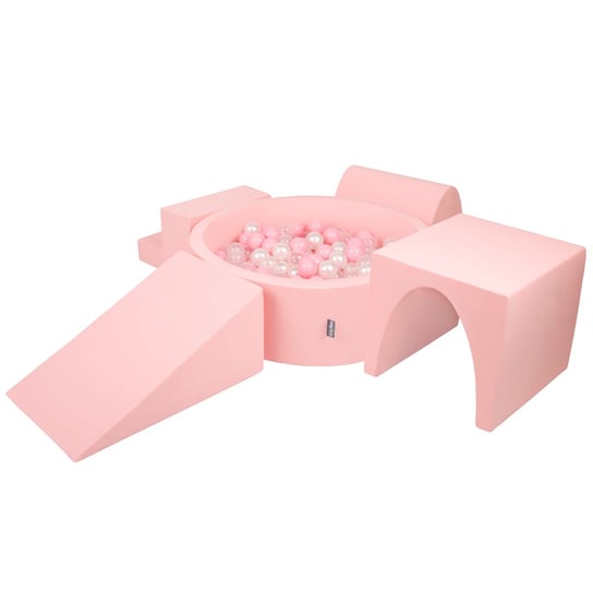 KiddyMoon Piankowy plac zabaw PPZP-OK30D-125 z piłeczkami różowy: pudrowy róż-perła-transparent basen 200/klin L/górka/tunel/schodek KiddyMoon