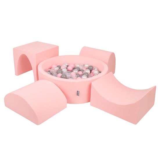 KiddyMoon Piankowy plac zabaw PPZP-OK30D-135 z piłeczkami różowy: perła-szary-transparent-pudrowy róż basen 200/górka/tunel/rampa L/półwałek L KiddyMoon