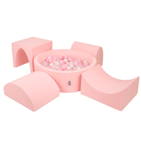 KiddyMoon Piankowy plac zabaw PPZP-OK30D-135 z piłeczkami różowy: pudrowy róż-perła-transparent basen 300/górka/tunel/rampa L/półwałek L KiddyMoon