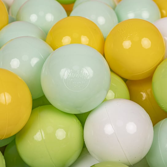 KiddyMoon Plastikowe piłeczki 7cm biały-mięta-jasny zielony-żółty 100 Zabawka zestaw kulek KiddyMoon