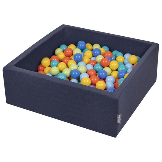 KiddyMoon Suchy basen kwadratowy z piłeczkami 7cm granatowy: jasny zielony-pomarańcz-turkus-niebieski-babyblue-żółty 90x30cm/300piłek Zabawka basen piankowy KiddyMoon