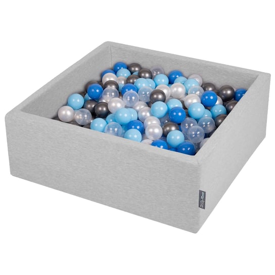 KiddyMoon, suchy basen kwadratowy z piłeczkami 7cm jasnoszary: perła-niebieski-babyblue-transparent-srebrny 90x30cm/200piłek KiddyMoon