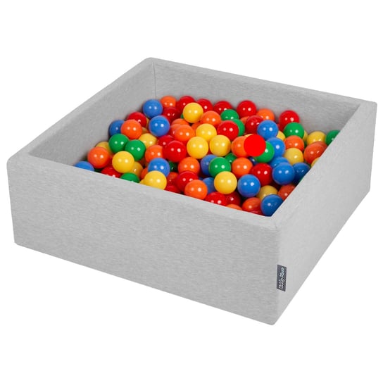KiddyMoon, suchy basen kwadratowy z piłeczkami 7cm jasnoszary: żółty-zielony-niebieski-czerwony-pomarańcz 90x30cm/300piłek KiddyMoon