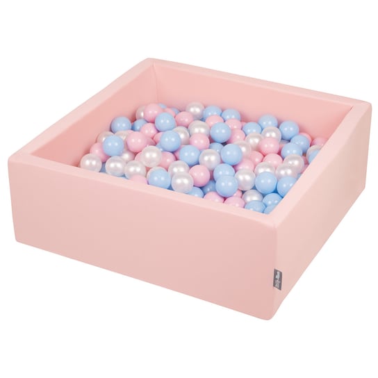 KiddyMoon Suchy basen kwadratowy z piłeczkami 7cm różowy: babyblue-pudrowy róż-perła 90x30cm/300piłek Zabawka basen piankowy KiddyMoon