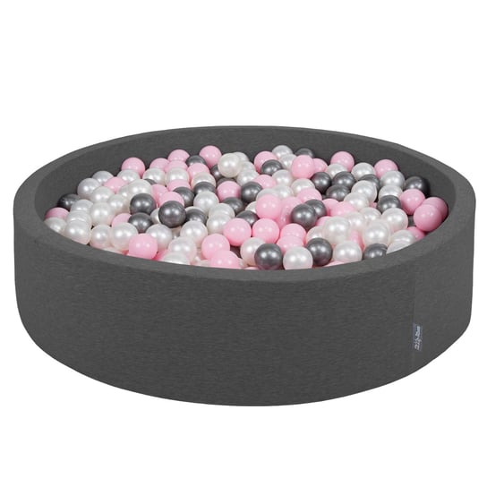 KiddyMoon, suchy basen okrągły z piłeczkami 7cm 120x30 ciemnoszary: perła-pudrowy róż-srebrny 120x30/300piłek KiddyMoon