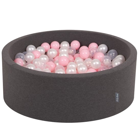 KiddyMoon Suchy basen okrągły z piłeczkami 7cm ciemnoszary: pudrowy róż-perła-transparent 90x30cm/200piłek Zabawka basen piankowy KiddyMoon