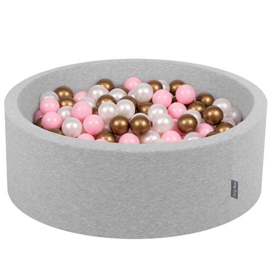 KiddyMoon Suchy basen okrągły z piłeczkami 7cm jasnoszary: pudrowy róż-perła-złoty 90x30cm/200piłek Zabawka basen piankowy KiddyMoon