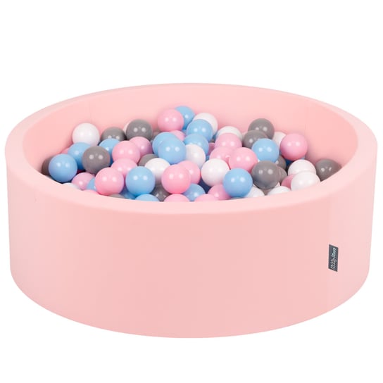 KiddyMoon Suchy basen okrągły z piłeczkami 7cm różowy: biały-szary-babyblue-pudrowy róż 90x30cm/300piłek Zabawka basen piankowy KiddyMoon
