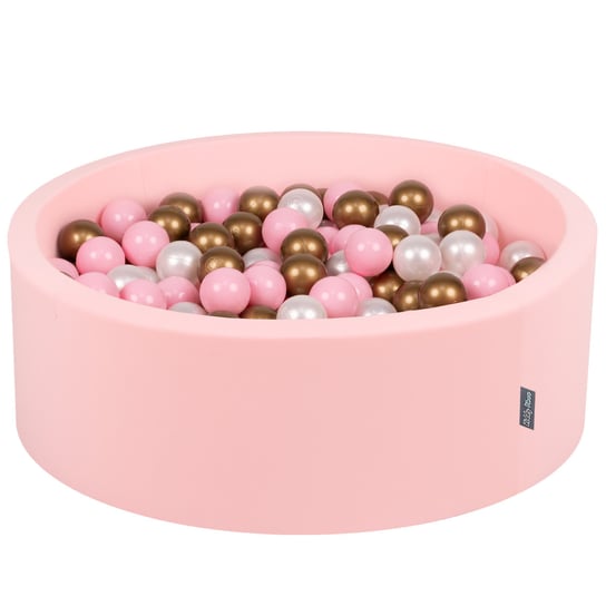 KiddyMoon Suchy basen okrągły z piłeczkami 7cm różowy: pudrowy róż-perła-złoty 90x30cm/200piłek Zabawka basen piankowy KiddyMoon