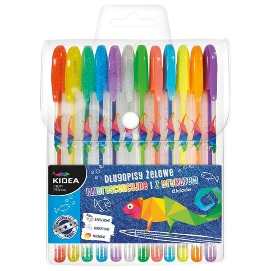 Kidea, Długopisy żelowe fluorescencyjne i z brokatem, 12 kolorów KIDEA