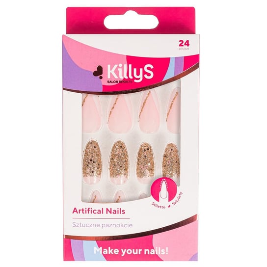 KillyS, Artifical Nails, sztuczne paznokcie Stiletto Golden Glitter French, 24szt Killys