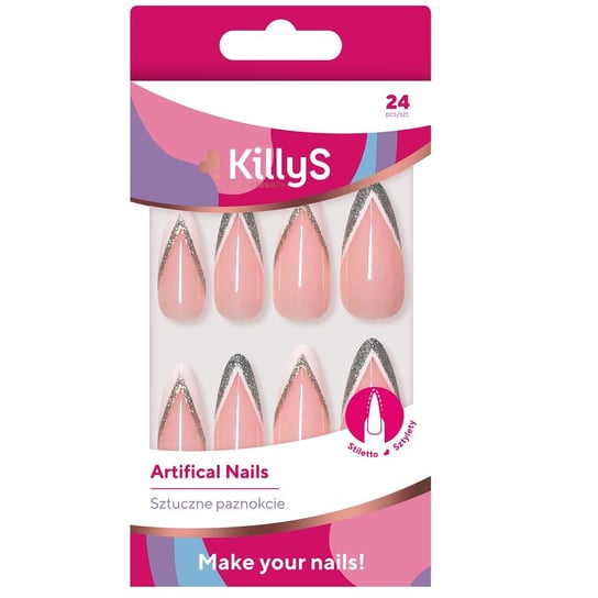 KillyS, Artifical Nails, sztuczne paznokcie Stiletto Silver Glitter French, 24szt Killys