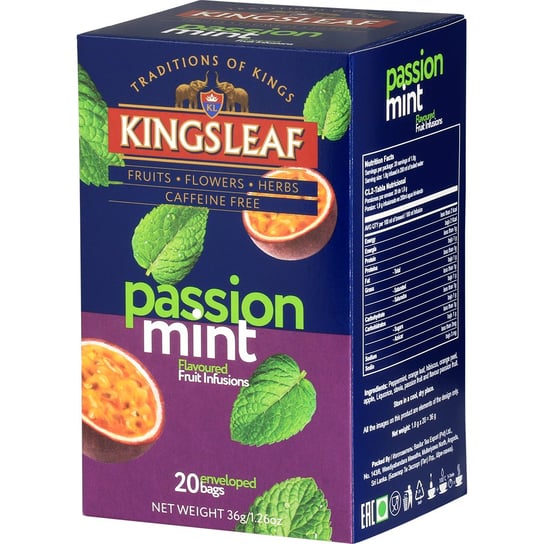 Kingsleaf PASSION MINT herbata owocowa MARAKUJA LUKRECJA STEWIA MIĘTA napar bez kofeiny saszetki - 20 x 1,8 g Inna marka