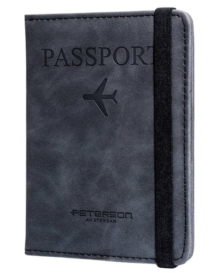 Klasyczne zamykane gumką etui na paszport czarne ze skóry ekologicznej PETERSON etui na karty dokumenty kieszonki na karty SIM Peterson