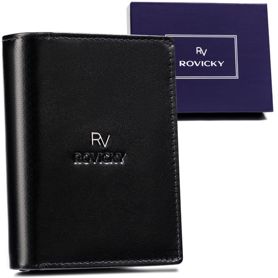 Klasyczny portfel męski na karty i dokumenty ze skóry naturalnej ochrona kart RFID Rovicky, czarny Rovicky