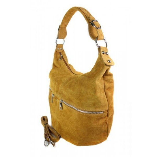 Klasyczny worek na ramię ,zamki suwaki XL A4 Shopper bag zamsz naturalny camel W345C Vera Pelle