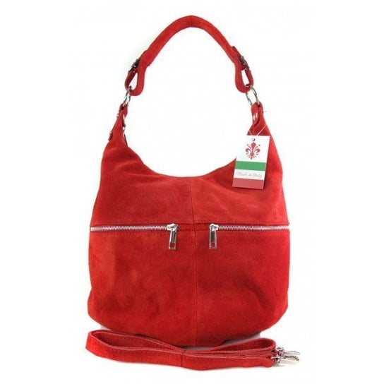 Klasyczny worek na ramię ,zamki suwaki XL A4 Shopper bag zamsz naturalny czerwony W345R Vera Pelle