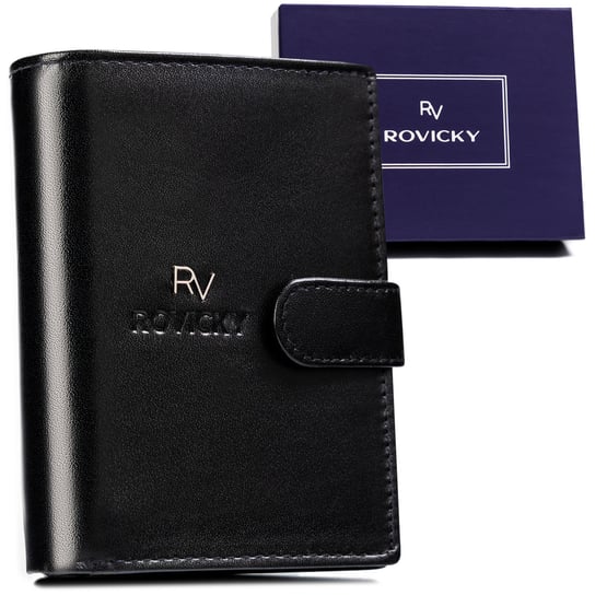 Klasyczny zapinany portfel męski na karty i dokumenty ze skóry naturalnej ochrona kart RFID Rovicky, czarny Rovicky