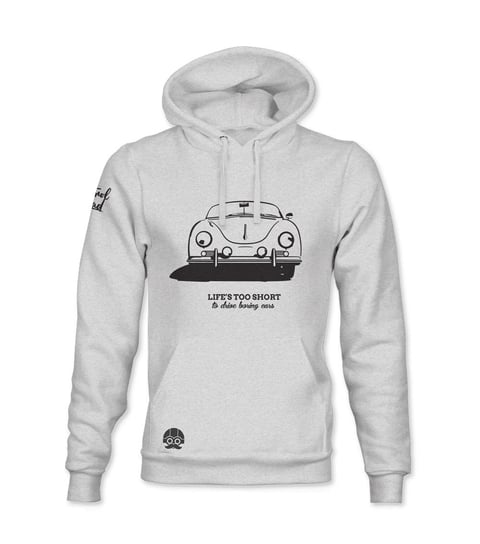 Klasykami, Bluza męska, szara z kapturem i kieszenią Porsche 356 "Life's too short to drive boring cars", rozmiar L KLASYKAMI