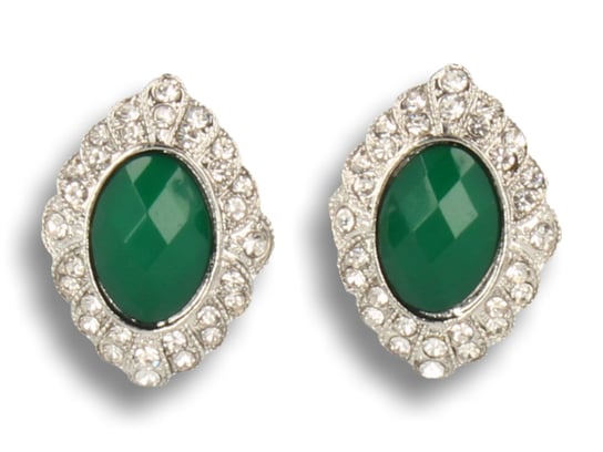 Klipsy do uszu srebrne z zielonym kryształem, cyrkonie PINK BOX