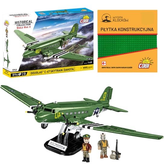 KLOCKI COBI 5743 Samolot Douglas C-47 Skytrain Dakota HC WW2 896 El. + PŁYTKA COBI