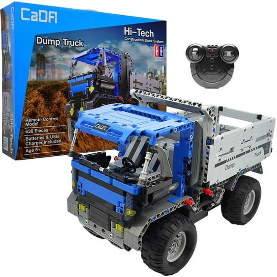 Klocki konstrukcyjne CaDA Hi-Tech Zdalnie Sterowana Wywrotka Niebieska Ciężarówka 37 cm Dump Truck Pojazd budowlany 638 elementów RC CaDa