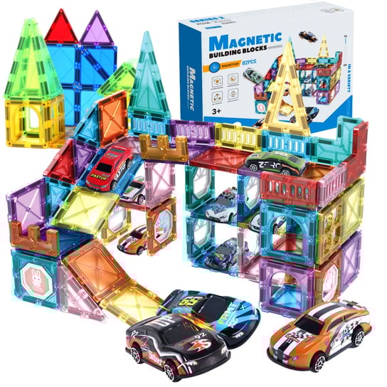 Klocki magnetyczne kostrukcyjne DUŻE PANELE ZESTAW XXL Tor samochodowy Parking Garaż 3D + samochodziki - 12 aut Magetic Building Blocks Doris
