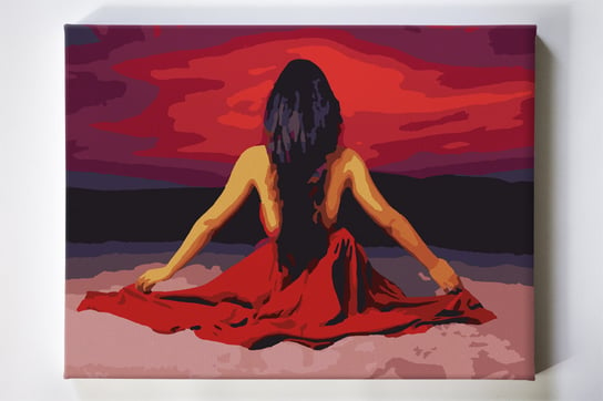 Kobieta na horyzoncie, plaża, czerwona sukienka, widok, malowanie po numerach Akrylowo