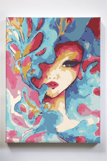Kobieta z błękitu, tajemnica, kolor, spojrzenie, malowanie po numerach Akrylowo