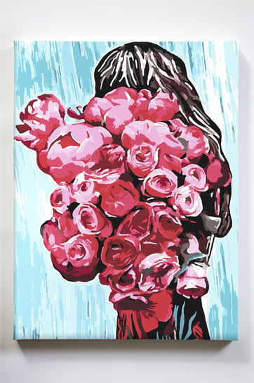 Kobieta z bukietem, kwiaty, kolor, malowanie po numerach Akrylowo