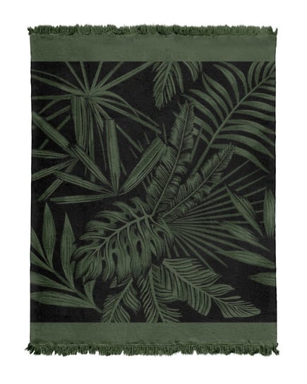 Koc bawełniany akrylowy 150x200 zielony czarny liście monstery z frędzlami 072 JB na łóżko turecki 123 Detexpol