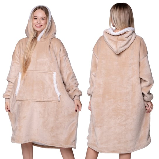 KOC BLUZA Oversize Ciepła Gruba KOCOBLUZA 2w1 XXL BEŻOWA Futrzak z Kapturem Mystersheep