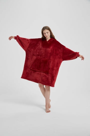 Kocobluza oversize, koc z rękawami i kapturem, bordowa, Spod Igły i Nitki Spod Igły i Nitki