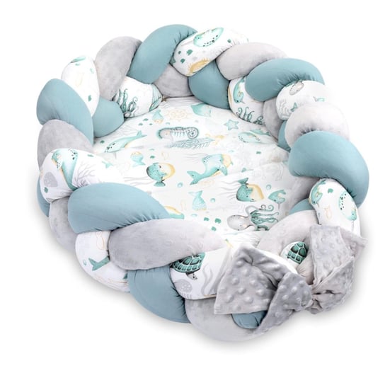Kokon niemowlęcy - Gniazdo przytulanka zestaw z poduszką warkocz składany dwustronny kokon dla noworodków 75X45 cm, Aqua Totsy Baby