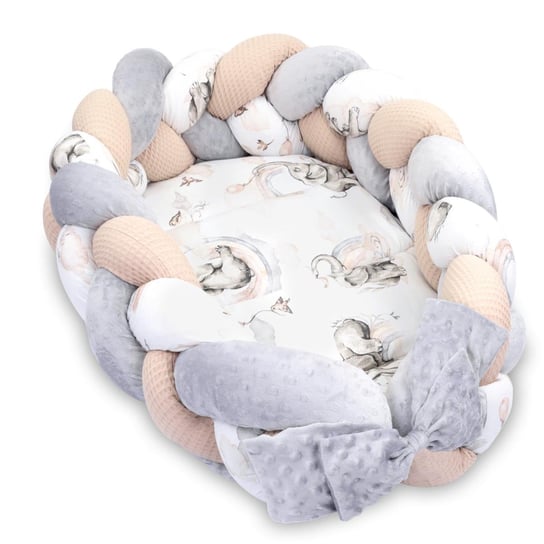 Kokon niemowlęcy - Gniazdo przytulanka zestaw z poduszką warkocz składany dwustronny kokon dla noworodków 75X45 cm, Słoń Totsy Baby