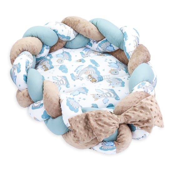 Kokon niemowlęcy - Gniazdo przytulanka zestaw z poduszką warkocz składany dwustronny kokon dla noworodków 75X45 cm, smoki odcień B Totsy Baby