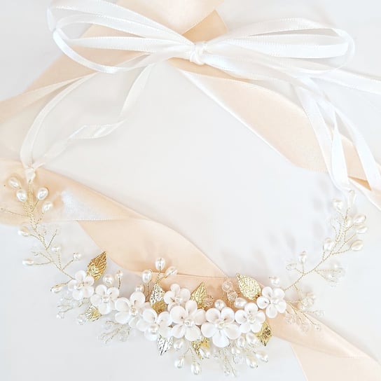 Kokonet, Wianek Białe Kwiaty Złoty Na Komunię Ślub Z Listkami Perłami Giętka Ozdoba KOKONET
