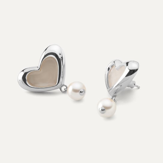Kolczyki serca z białą żywicą i perłą, srebro 925 GIORRE