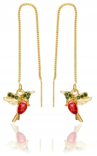 Kolczyki złote kolibry przeciągane na łańcuszku fuksja Nefryt